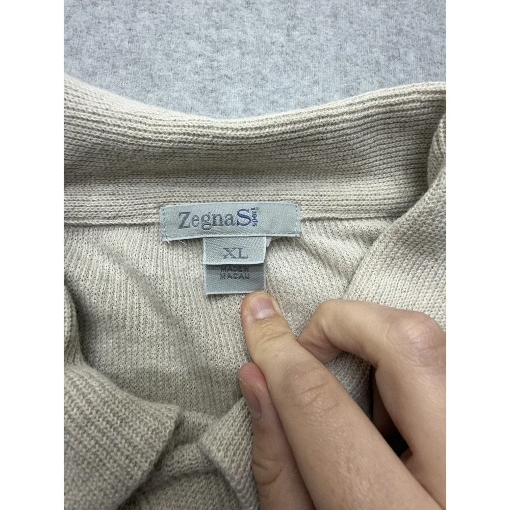 Zegna Sport Sweater Mens XL Beige Linen Cotton Collared Knit Pullover Soft